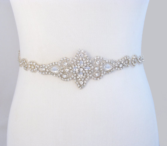 Hochzeit - Bridal Belt, Crystal Rhinestone Wedding Dress Sash, Jeweled Beaded Gown Sash, 35 Satin Color Options / Ivory / Champagne / Black / Pink