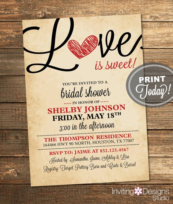 Mariage - Valentine Bridal Shower Invitation, Love, Love is Sweet, Heart, Red, Black, Rustic, Instant, Printable File (Custom Order, INSTANT DOWNLOAD)
