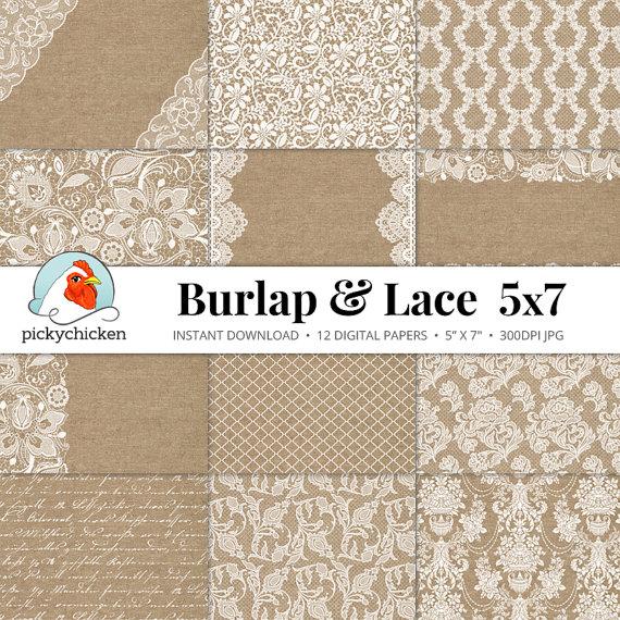 Mariage - Burlap Lace Digital Paper 5x7 - Burlap & Lace rustic wedding invitation template country shabby chic Instant Download 7002