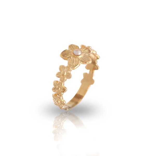زفاف - Pearl Ring- Gold Flowers Ring  - 18K Gold Plated Flower Band Ring - Daisies Tiara Ring - Wedding Jewelry XMAS Gift