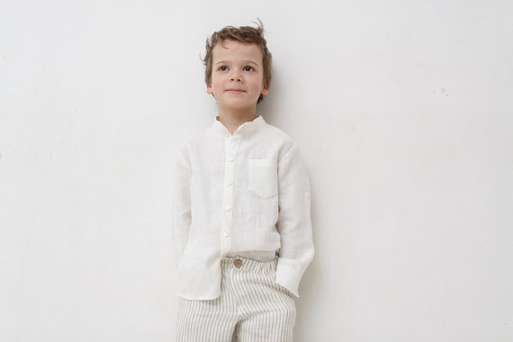 زفاف - Boys linen shirt Mandarin collar shirt Toddler boy long sleeve ivory shirt Wedding party Baptism shirt Boys clothes Summer clothes