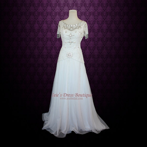زفاف - Damask Style Retro Hollywood Wedding Dress Vintage Wedding Dress Modest Wedding Dress 