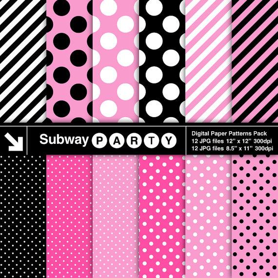 Wedding - Minnie Party Digital Papers. Pink, Black and White Polka Dots & Candy Stripes. Scrapbook / Invites DIY 8.5x11, 12x12 jpg. INSTANT DOWNLOAD