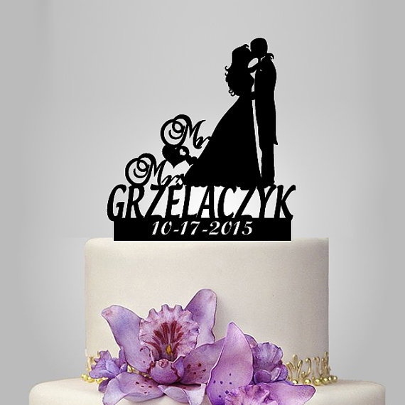 Wedding - Mr and Mrs acrylic personalize Wedding Cake topper with bride and groom silhouette, custom name and date, funny cake topper, black topper