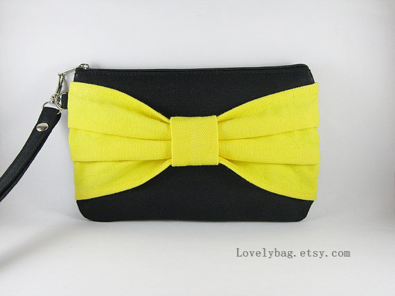 Hochzeit - SUPER SALE - Black with Yellow Bow Clutch - Bridal Clutches, Bridesmaid Wristlet, Wedding Gift, Cosmetic Bag, Zipper Pouch - Made To Order