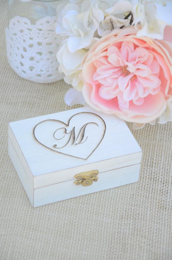 Wedding - Personalized Rustic chic ring bearer box- monogram ring bearer box