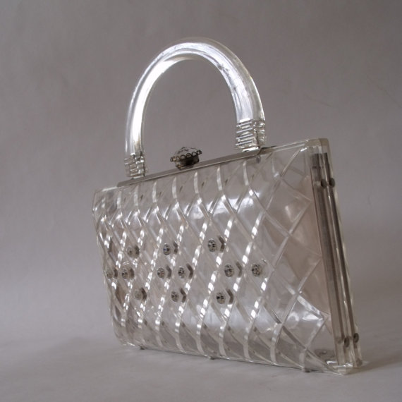 Свадьба - 1950s Clear Lucite Purse with Rhinestones / 50s Carved Lucite Clutch / Wedding
