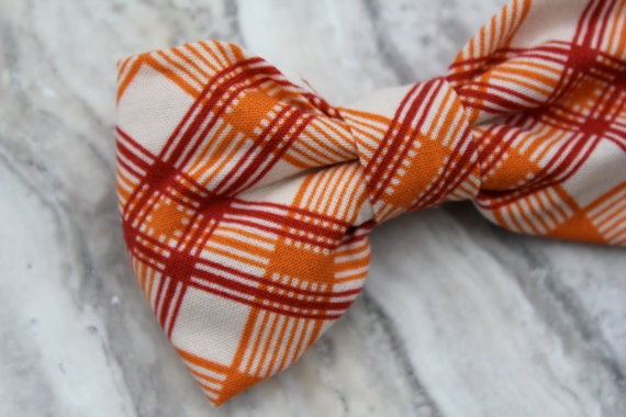 زفاف - Boy's Bright Orangeand Red Plaid Bow Tie - clip on
