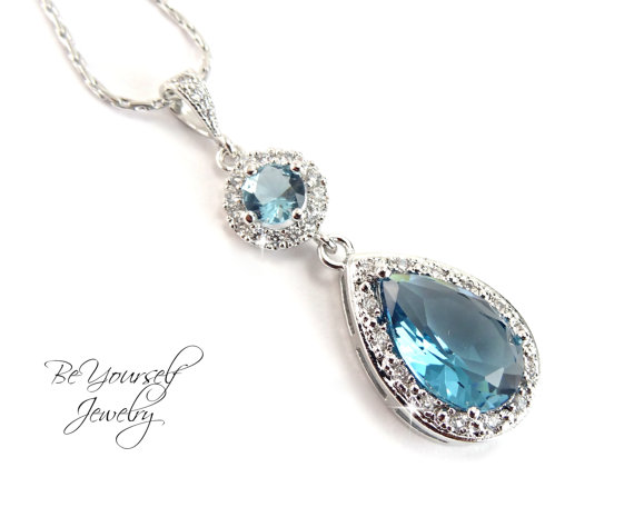Mariage - Aquamarine Blue Bridal Necklace Sparkly Cubic Zirconia Teardrop Pendant Soft Blue Bridesmaid Wedding Jewelry Something Blue March Birthstone