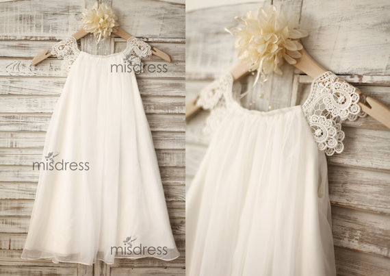Свадьба - Chiffon Lace Flower girl dress/Cap Sleeves Boho Beach Girl Dress/Junior Bridesmaid Dress for Wedding