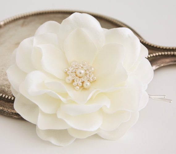 Wedding - Ivory Whimsical Magnolia Bridal Hair Flower Accessory Fascinator with Swarovski Pearls and Crystals