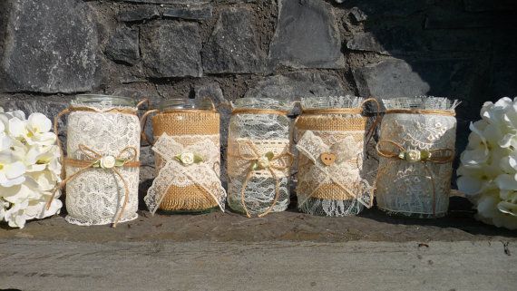 Hochzeit - Burlap And Lace Jar Wraps/ Candle Lanterns, Rustic Wedding, Vintage, Shabby Chic, French, Country, Fall- SET OF 4 Wraps