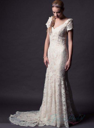 زفاف - JW15154 fairy short sleeve lace illusion back trumpet wedding dress