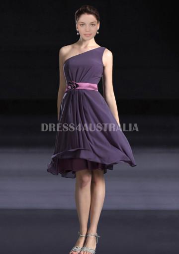 Hochzeit - Buy Australia A-line Empire One-shoulder Belt With Flower Chiffon Knee Length Bridesmaid Dresses 8132212 at AU$120.05 - Dress4Australia.com.au