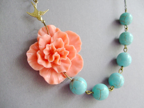 Mariage - Bridesmaid Jewelry Set,Beadwork,Coral Flower Necklace,Turquoise Jewelry,Statement Necklace,Gift Jewelry,Bib Necklace(Free Matching Earrings