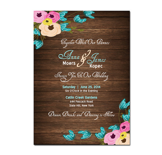 Свадьба - Wood Watercolor Flowers Wedding Invitation DIY PRINTABLE Digital File or Print (extra) Watercolor Wedding Invitation Printable