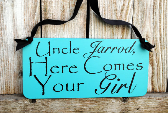 Wedding - Uncle Here Comes your Girl flower girl and ring bearer sign with Ribbon handle DOUBLE SIDED, Blue Wedding