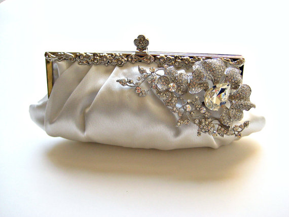 Hochzeit - Satin bridal wedding clutch/purse with large swarovski crystal orchid jewel.  EXOTIC ORCHID
