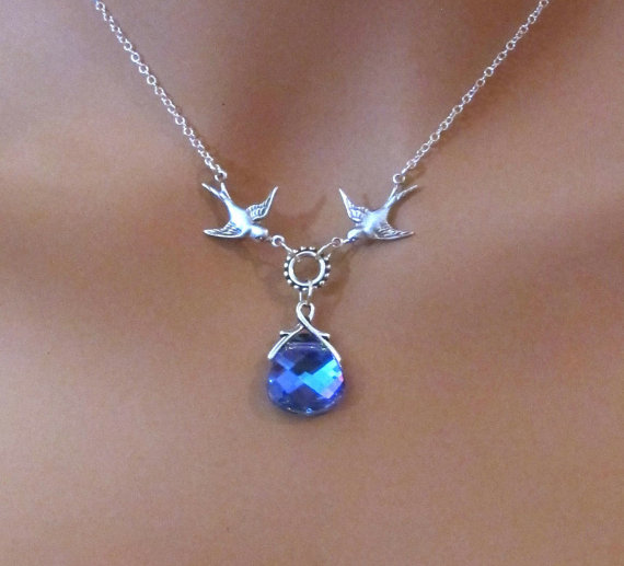 Mariage - Aqua Vitrail Light and Sparrows necklace in STERLING SILVER. BRIDESMAIDS Gift.