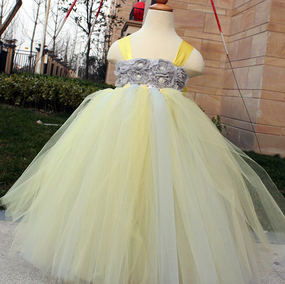 Mariage - Flower Girl Dress Grey Yellow tutu dress baby dress toddler birthday dress wedding dress 12-18M 2T 3T 4T 5T 6T