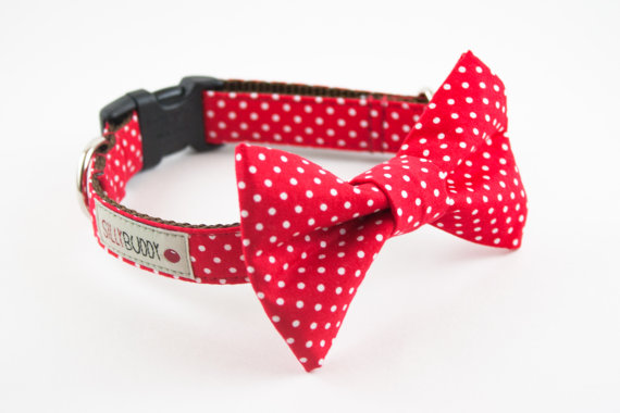 Свадьба - Red Polka Dot Bow Tie Dog Collar