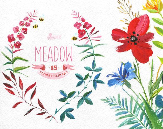 Свадьба - Meadow Clipart. 15 Handpainted wreaths, bouquets, borders, ribbon, corners, floral, wedding elements, wild flowers, invite, emblishments