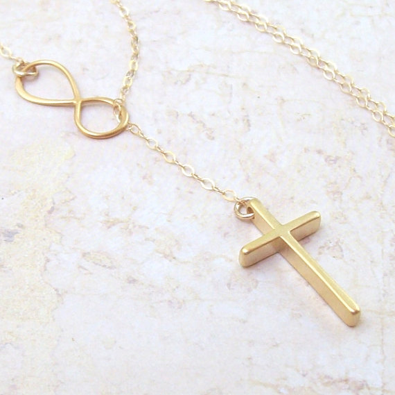 Свадьба - Gold Cross and Infinity Necklace, Infinity Lariat Necklace, Cross Necklace, 14K gold filled, spring, bridal jewelry, weddings, Christian