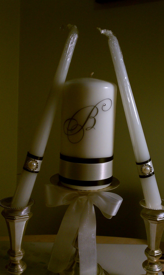 Wedding - Initial Monogram Ivory pearl unity candle set