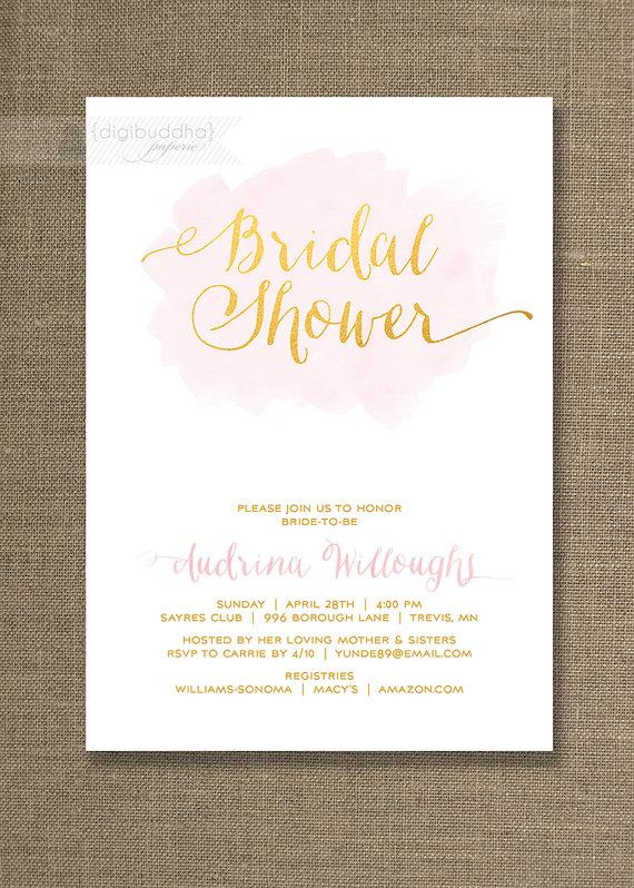 Wedding - Pink & Gold Bridal Shower Invitation Watercolor Gold Metallic Shiny Glitter Script Modern FREE PRIORITY SHIPPING or DiY Printable - Audrina