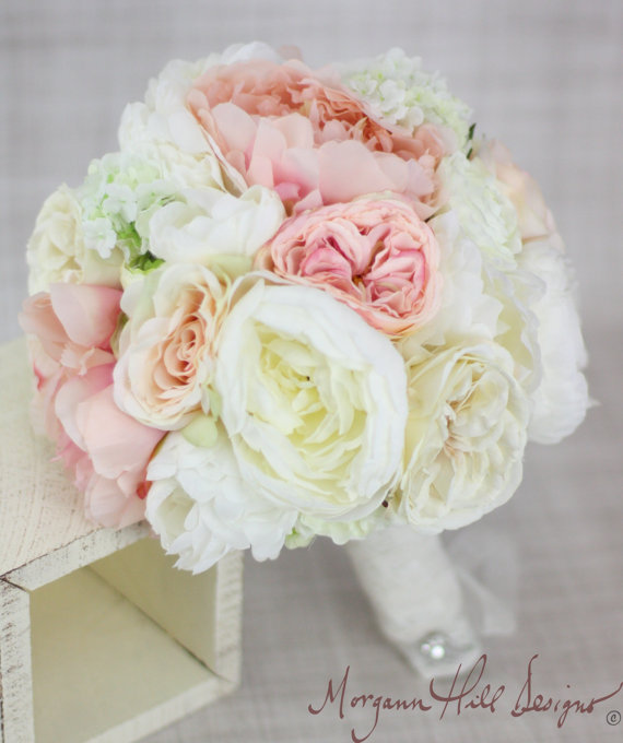 Wedding - Silk Bride Bouquet Peony Peonies Roses Ranunculus Country Wedding Lace (Item Number 130112)