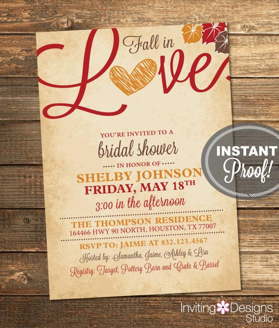Wedding - Fall in Love Bridal Shower Invitation, Love, Leaves, Heart, Autumn, Orange, Red, Brown, Rustic, Printable File (Custom, INSTANT DOWNLOAD)