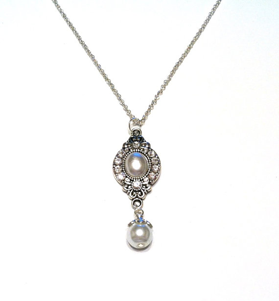 Hochzeit - Pearl and Rhinestone Bridal Necklace, Pearl Necklace, Bridal Jewelry, Mother of the Bride, Downton Abbey, Estate Jewelry