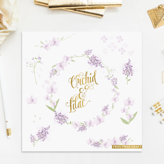 Hochzeit - Orchid and Lilac ClipArt Intant Download Digital Watercolor Flowers Violet Purple Romantic Floral Green Bouquet Wedding Invitation DIY