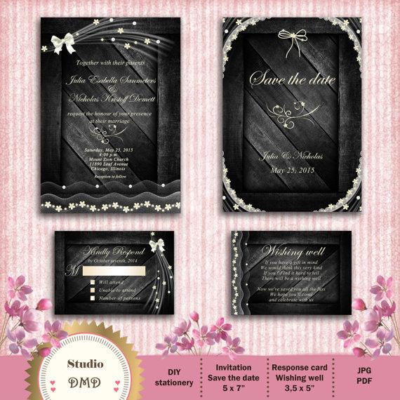 Hochzeit - Printable Rustic Wedding Invitation Suite - Lace, Bow, Wood Invitation - DIY Digital File