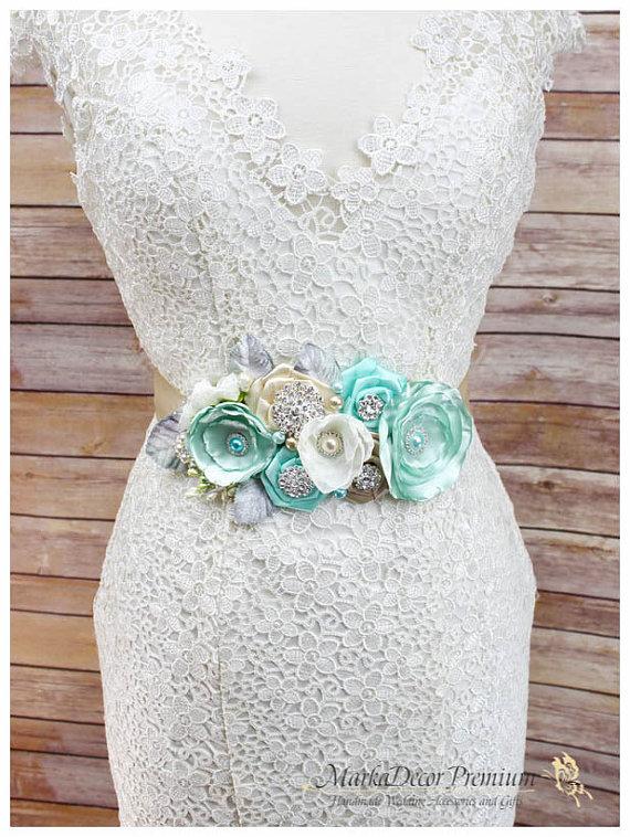 Свадьба - READY TO SHIP Bridal Sash / Belt in Aqua Mint Blue, Celery Green, Ivory and Champagne with Brooches and Handmade Flowers