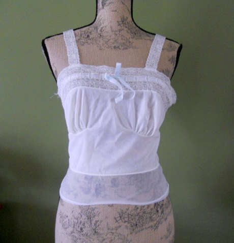 Wedding - Vintage Lace Camisole White with Pale Blue Size 34 Bust Luxite Small XS Vintage Lingerie
