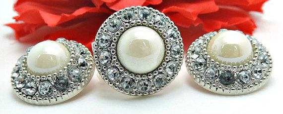 Wedding - Pearl Rhinestone Buttons Acrylic PRETTY Shiny Ivory Pearl Buttons Embellishment Clear Rhinestone Flower Centers DIY Weddings 25mm 3367 91