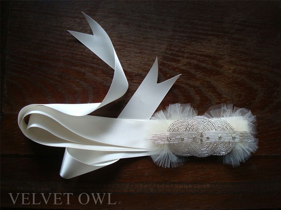 Mariage - Bridal sash belt crystal beaded Champagne Ivory or Off White ribbon tie Art Deco Gatsby wedding inspired - GWENDOLYN