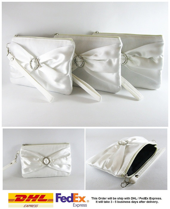 Свадьба - SUPER SALE - Set of 6 Ivory with Ivory Satin Bow Clutches - Rhinestone Bridal Clutches, Bridesmaid Wristlet, Wedding Gift - Made To Order