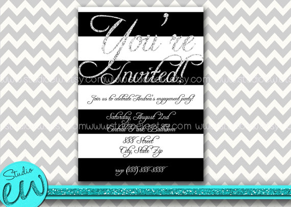 Hochzeit - Black and White Striped Invitation, Glitter Invitation, Silver Glitter Invitation,  Black And White Stripes Invitation, Digital File