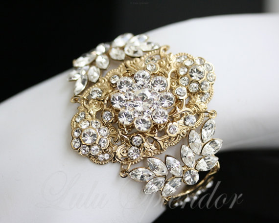 Mariage - Bridal Bracelet Gold Wedding Cuff Bracelet  Rhinestone Gold Art Deco Statement Wedding Bracelet Wedding Bracelet Wedding Jewelry MAJESTIC