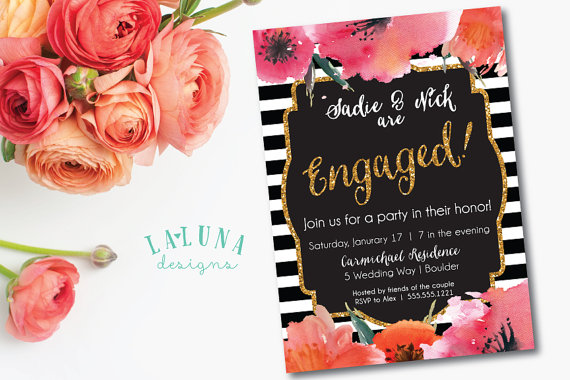 Mariage - Engagement Party Invitation, Black and White Stripe Engagement Party Invite, Watercolor Floral Invitation, Engagement Dinner, DIY Printable