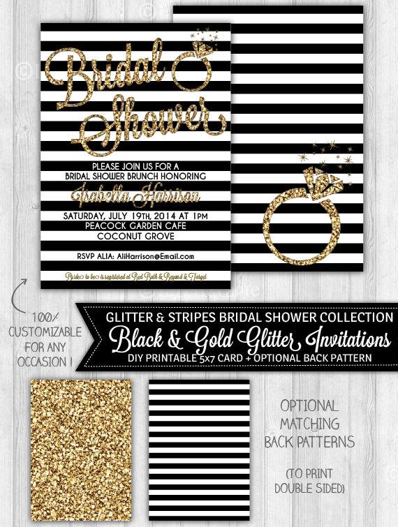 Hochzeit - Bridal Shower Invitation, Modern Black & Gold Glitter Bridal Shower Invitation, Modern Typographic Black Invite - DIGITAL PRINTABLE FILE