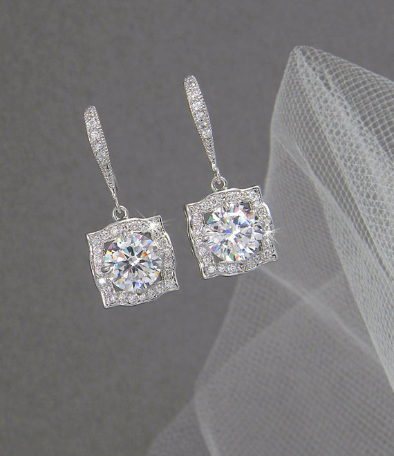 Wedding - Bridal Earrings, Square Swarovski Crystal wedding earrings Rhinestone  Bridesmaids, Adrienne Bridal Earrings