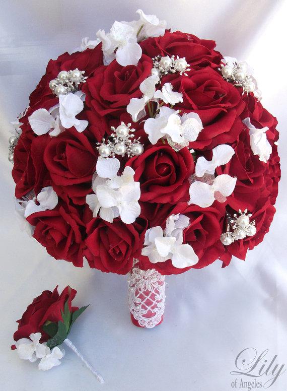 Hochzeit - 2pcs Wedding Bridal Bride Bouquet Groom Boutonniere Gem Jewelry Jewel RED WHITE