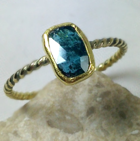 زفاف - Blue rose cut diamond  engagement ring, 18 kt and 22 kt yellow gold and blue diamond gemstone  ring