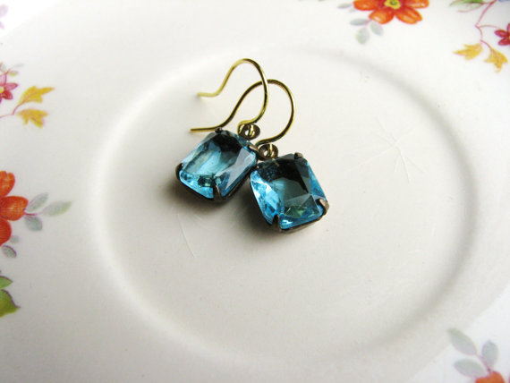 زفاف - Blue Glass Earrings Vintage Inspired Earrings Estate Style Rhinestone Earrings Bridal Jewelry Wedding Jewelry Glass Gem Earrings Glass Jewel