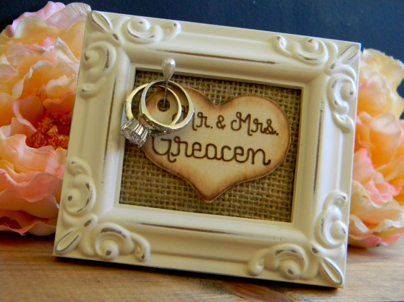 Wedding - Wedding Ring Holder Rustic Woodland Shabby Chic Picture Frame Ring Stand Wood Heart Bridal Shower Gift