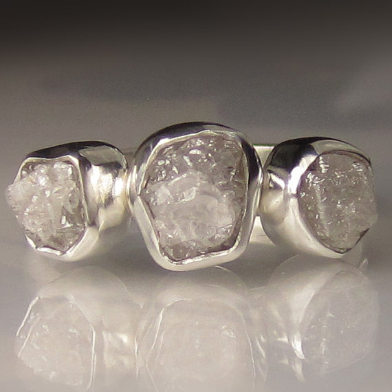 Wedding - Three Stone Raw Diamond Engagement Ring - Recycled Palladium Sterling - 3.0CTS