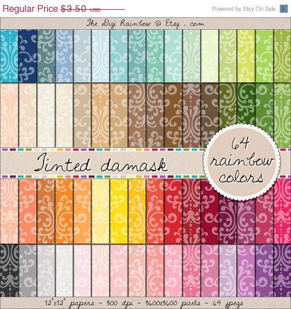 Wedding - SALE 64 tinted elegant damask digital papers digital rainbow paper scrapbooking kit pattern pack 12x12 pastel neutral bright dark colors